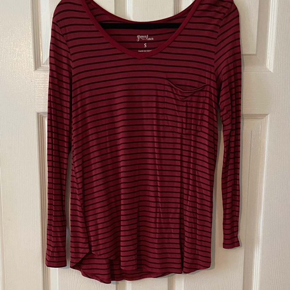 Grace & Lace Women's Burgundy/ Black Striped Long Sleeve perfect pocket te